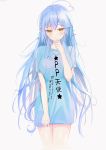  1girl absurdres ahoge alternate_costume blue_hair blush breasts collarbone commentary_request eugle_na hair_between_eyes highres hololive long_hair looking_at_viewer shirt simple_background t-shirt twitter_username virtual_youtuber white_background yellow_eyes yukihana_lamy 