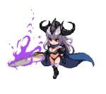  1girl armor aura bara_(totocos) bare_shoulders bikini_armor black_footwear blue_cape cape closed_mouth gauntlets greaves grey_hair grey_legwear helmet holding holding_sword holding_weapon horned_helmet horns huge_weapon knight long_hair original pixel_art simple_background solo standing sword thigh-highs vambraces violet_eyes weapon white_background 