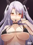 1girl antenna_hair azur_lane bangs bikini black_bikini black_choker black_ribbon blush breasts brown_eyes choker collarbone commentary_request dated earrings eyebrows_visible_through_hair flag_print german_flag_bikini grey_background hair_ribbon heart heavy_breathing hiruno iron_cross jewelry large_breasts long_hair looking_at_viewer mole mole_on_breast multicolored_hair prinz_eugen_(azur_lane) prinz_eugen_(unfading_smile)_(azur_lane) pulled_by_self redhead ribbon shiny shiny_skin signature silver_hair simple_background smile solo strap_pull streaked_hair sweat swept_bangs swimsuit two_side_up 