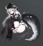  1girl ahoge arknights ass bangs bare_shoulders black_footwear black_legwear boots commentary_request crocodilian_tail eyebrows_visible_through_hair grey_background grey_eyes hood large_tail long_hair long_sleeves looking_at_viewer pointy_ears silver_hair simple_background solo tail thick_thighs thigh-highs thighs tomimi_(arknights) torn_clothes torn_legwear yuzuruka_(bougainvillea) 