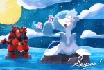  artist_name chin_rest clouds commentary creature fangs full_moon gen_7_pokemon hand_on_own_cheek incineroar looking_at_another moon music musical_note night night_sky no_humans ocean open_mouth outdoors pokemon pokemon_(creature) primarina rock seyana_(seyanaillust) sharp_teeth singing sitting sky star_(sky) starry_sky starter_pokemon teeth 