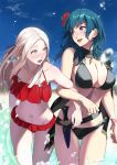  2girls beach bikini black_bikini blue_eyes blue_hair blush byleth_(fire_emblem) byleth_eisner_(female) byleth_eisner_(female) cape cute edelgard_von_hresvelg fire_emblem fire_emblem:_three_houses fire_emblem:_three_houses fire_emblem_heroes flower flower_hair_ornament flower_on_head hair_flower hair_ribbon happy hibiscus holding_arms innertube intelligent_systems laughing long_hair looking_at_another mueri mueririko navel nintendo outdoors red_bikini ribbon smile splash splashing summer sword violet_eyes water weapon white_hair 