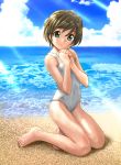  1girl beach blue_sky breasts brown_hair clouds commentary_request day green_eyes hands_clasped highres kneeling looking_at_viewer nib_pen_(medium) ocean one-piece_swimsuit original outdoors own_hands_together short_hair sky small_breasts solo swimsuit traditional_media unno_hotaru white_swimsuit 