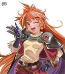  1girl artist_name breasts cape ciov english_commentary fang hand_on_hip lina_inverse looking_to_the_side one_eye_closed open_mouth orange_eyes orange_hair slayers small_breasts solo v white_background 