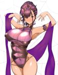  1girl armlet armpits bangs bare_shoulders black_swimsuit blush breasts closed_mouth covered_navel fate/grand_order fate_(series) flower hair_flower hair_ornament hair_up hands_up highleg highleg_swimsuit highres large_breasts long_hair looking_at_viewer murasaki_shikibu_(fate) murasaki_shikibu_(swimsuit_rider)_(fate) one-piece_swimsuit purple_hair shawl silk smile spider_web swimsuit thighs tokiwa_midori_(kyokutou_funamushi) violet_eyes white_background 