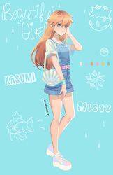  1girl ak1 aqua_eyes bangs belt belt_buckle blue_background blue_overalls blue_shorts braid brown_hair buckle character_name closed_mouth earrings french_braid full_body hair_between_eyes hand_in_hair jewelry long_hair magikarp misty_(pokemon) overall_shorts pink_belt pokemon pokemon_(game) pokemon_rgby shiny shiny_hair short_shorts short_sleeves shorts smile solo standing star_(symbol) star_earrings starmie togepi very_long_hair wristband 