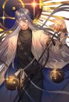  1boy blue_eyes grey_hair highres holding holding_microphone hypnosis_mic intravenous_drip jacket jinguuji_jakurai long_hair looking_at_viewer male_focus microphone microphone_stand rukall shirt smile solo sweater turtleneck turtleneck_sweater wings 