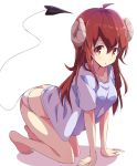  1girl all_fours barefoot collarbone curled_horns demon_tail eyebrows_visible_through_hair full_body highres horns legs long_hair looking_at_viewer machikado_mazoku mel_(melty_pot) panties red_eyes red_horns redhead shirt short_hair simple_background solo t-shirt tail thighs underwear white_background white_panties yoshida_yuuko_(machikado_mazoku) 