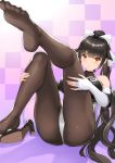  1girl ass azur_lane bangs bare_shoulders black_footwear black_hair black_leotard blush bow breasts checkered checkered_background closed_mouth elbow_gloves feet fingerless_gloves footwear_removed gloves hair_flaps high_heels large_breasts leaning_back leg_up legs leotard long_hair looking_at_viewer mokyumokyuchan pantyhose ponytail purple_background racequeen smile takao_(azur_lane) takao_(full_throttle_charmer)_(azur_lane) two-tone_leotard white_bow white_gloves white_leotard yellow_eyes 