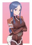  1girl arms_under_breasts blue_hair bodysuit breasts chobi_kuma crossed_arms elbow_gloves gloves hannah_melville highres large_breasts looking_at_viewer skin_tight violet_eyes zoids zoids_wild zoids_wild_zero 