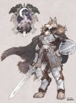  1boy armor buckler cape crescent_moon ds_hand55 emblem fantasy furry hand_on_hip highres holding holding_sword holding_weapon male_focus moon original shield signature simple_background solo sword weapon wolf 