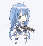  1girl :d ahoge bangs blue_bow blue_dress blue_footwear blue_hair blush bow braid capriccio character_name commentary_request dress eyebrows_visible_through_hair frilled_dress frills full_body gloves green_eyes grey_background gun hair_bow holding holding_gun holding_weapon long_hair looking_at_viewer low_twintails nijisanji open_mouth puffy_short_sleeves puffy_sleeves shoes short_sleeves sidelocks simple_background smile solo standing striped striped_bow thigh-highs twin_braids twintails very_long_hair virtual_youtuber weapon white_gloves white_legwear yuuki_chihiro 
