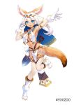  1girl animal_ears arm_up armpits blue_eyes choker collar emerane fina_(pride_of_eden) fox_ears fox_girl fox_tail full_body gloves gold_trim hand_up leg_up looking_at_viewer midriff navel official_art open_mouth outstretched_arm paw_shoes pelvic_curtain pride_of_eden revealing_clothes shoes short_hair simple_background smile solo stomach tail tattoo thigh-highs thighs veil white_background white_gloves white_hair white_legwear 