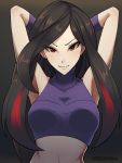  1girl armpits arms_behind_head arms_up artist_name azami_(pokemon) bare_shoulders breasts brown_hair closed_mouth commentary english_commentary eyebrows_visible_through_hair frontier_brain gloves long_hair looking_at_viewer midriff multicolored_hair phiphi-au-thon pokemon pokemon_(game) pokemon_emerald pokemon_rse purple_gloves red_eyes redhead shiny shiny_hair smile solo streaked_hair upper_body 