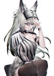  1girl absurdres animal_ears arknights arm_strap bangs black_legwear breasts chinese_commentary commentary_request grani_(arknights) grey_eyes hair_between_eyes hand_up highres long_hair medium_breasts qiongniaofeiyu silver_hair simple_background solo striped thigh-highs vertical_stripes white_background 