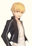  1boy :d bangs black_jacket blonde_hair dress_shirt eyebrows_visible_through_hair fate/stay_night fate_(series) gilgamesh hair_between_eyes highres jacket long_sleeves looking_at_viewer male_focus open_clothes open_jacket open_mouth red_eyes shirt simple_background smile solo upper_body white_background white_shirt x_key_s 