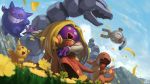  blonde_hair charmander clouds commentary_request day fire flame flower gen_1_pokemon gengar grass highres jynx magnemite mountain no_humans onix open_mouth outdoors pikachu pokemon pokemon_(creature) sky supearibu teeth tongue watermark 