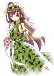  1girl :d ahoge bouquet bride brown_hair camouflage camouflage_dress dress ebifly elbow_gloves eyebrows_visible_through_hair flower gloves green_dress green_gloves hairband headgear holding holding_bouquet kantai_collection kongou_(kantai_collection) long_hair looking_at_viewer open_mouth pink_flower pink_rose rose signature simple_background smile solo standing very_long_hair violet_eyes wedding_dress white_background 