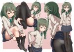  1girl =_= ahoge bangs black_legwear black_skirt blue_eyes blush braid brown_background cardigan closed_eyes closed_mouth collared_shirt commentary_request eyebrows_visible_through_hair green_hair green_neckwear grey_cardigan hair_between_eyes hair_over_shoulder half-closed_eyes lace lace-trimmed_panties long_hair multiple_views necktie nenosame no_shoes one_eye_closed open_mouth panties panties_under_pantyhose pantyhose pantyhose_pull parted_lips plaid_neckwear pleated_skirt princess_connect! princess_connect!_re:dive shirt skirt smile soles twin_braids twintails two-tone_background underwear wavy_mouth white_background white_panties white_shirt yuni_(princess_connect!) 