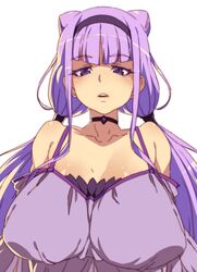  1girl bangs bare_shoulders black_choker blunt_bangs breasts character_request choker copyright_request dress eyebrows_visible_through_hair highres huge_breasts long_hair looking_at_viewer parted_lips purple_dress purple_hair simple_background solo tasaka_shinnosuke twintails upper_body white_background 