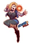  1girl android_18 belt blonde_hair blue_eyes breasts denim dragon_ball dragon_ball_z earrings highres jewelry large_breasts looking_at_viewer open_mouth pantyhose short_hair simple_background skirt smile solo tsuki_wani white_background 