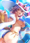  1girl :d animal_ear_fluff animal_ears ass bikini blue_bikini breasts commentary_request covered_nipples day fang fate/grand_order fate_(series) fox_ears fox_girl fox_shadow_puppet fox_tail happy hat holding holding_innertube innertube izumi_akane large_breasts long_hair looking_at_viewer open_mouth pink_hair smile solo swimsuit tail tamamo_(fate)_(all) tamamo_no_mae_(swimsuit_lancer)_(fate) under_boob yellow_eyes 