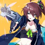  1girl aasu_(mhgbh510) ahoge bangs bare_shoulders blue_eyes blush breasts brown_hair collarbone eyebrows_visible_through_hair firing firing_at_viewer green_eyes gun hair_between_eyes hair_ornament highres holding holding_gun holding_weapon hololive jacket long_hair looking_at_viewer midriff natsuiro_matsuri open_mouth ribbon side_ponytail simple_background smile solo virtual_youtuber weapon 