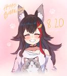  1girl animal_ear_fluff animal_ears bangs bare_shoulders black_choker black_hair blush cat choker closed_eyes commentary_request dated eyebrows_visible_through_hair facing_viewer grin hair_between_eyes hair_ornament hairclip happy_birthday highres hololive kukie-nyan long_hair multicolored_hair ookami_mio paw_print pink_background redhead shirt sidelocks smile taiga_(ookami_mio) two-tone_hair upper_body white_shirt wolf_ears wolf_girl 