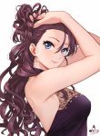  1girl :3 bangs bare_shoulders blue_eyes blush breasts closed_mouth dress earrings eyebrows_visible_through_hair hands_in_hair highres ichinose_shiki idolmaster idolmaster_cinderella_girls infinote jewelry long_hair looking_at_viewer medium_breasts purple_dress sleeveless sleeveless_dress smile solo wavy_hair 