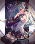  1girl amd_aoneko blue_eyes blue_hair blue_nails detached_sleeves finger_gun floating_hair from_side hatsune_miku headset hibana_(vocaloid) highres long_hair looking_down necktie solo twintails vocaloid 