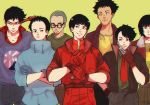  6+boys akira black_eyes black_hair character_request crossed_arms forehead frown glasses gloves green_shirt hand_in_pocket jacket kaneda_shoutarou male_focus mask mask_removed multiple_boys necktie penginius red_gloves red_jacket red_neckwear shima_tetsuo shirt yellow_background 