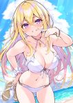  1girl bare_arms bare_shoulders bikini blonde_hair choker cowboy_shot cu-no front-tie_bikini front-tie_top grin hair_ornament hairclip halterneck hisen_kaede long_hair looking_at_viewer navel smile solo stomach swimsuit thighs violet_eyes white_bikini yayoi_sakura 