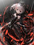  1girl bangs bare_shoulders black_dress black_gloves blood bloody_knife bronya_zaychik closed_mouth commentary_request dress elbow_gloves eyebrows_visible_through_hair gloves grey_hair hair_between_eyes highres holding holding_knife honkai_(series) honkai_impact_3rd jell_(jell_y_fish) knife looking_at_viewer multicolored_hair rain red_eyes redhead side_ponytail sidelocks solo strapless strapless_dress streaked_hair two-handed 