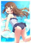  1girl :d absurdres ass bangs bare_arms bare_shoulders blush brown_eyes brown_hair casual_one-piece_swimsuit commentary_request day eyebrows_visible_through_hair feet_out_of_frame floating_hair flower frilled_swimsuit frills hair_flower hair_ornament hairclip highres long_hair looking_at_viewer looking_back one-piece_swimsuit open_mouth original outdoors outstretched_arm pointing polka_dot polka_dot_swimsuit sekina smile solo standing standing_on_one_leg sunflower_hair_ornament swimsuit very_long_hair white_swimsuit yellow_flower 
