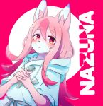  1girl animal_ears beru_(kuro_kemo28) blush brand_new_animal character_name eyebrows_visible_through_hair fox_ears fox_girl furry hair_between_eyes highres hiwatashi_nazuna jewelry long_hair looking_at_viewer multicolored_hair pendant pink_hair red_eyes short_sleeves solo two-tone_hair 