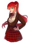  1girl breasts circlet commentary_request cowboy_shot eyebrows_visible_through_hair green_eyes hair_between_eyes hand_on_hip large_breasts long_hair long_sleeves looking_at_viewer ponytail pyrrha_nikos redhead rwby school_uniform simple_background skirt smile solo sora_(efr) standing white_background 