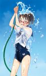  1girl bangs blue_swimsuit blush brown_hair closed_eyes dated glasses holding_hose kusakabe_(kusakabeworks) one-piece_swimsuit open_mouth original ponytail product_placement school_uniform scrunchie see-through signature standing swimsuit swimsuit_under_clothes water_drop wet 