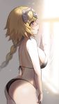 1girl ass bangs black_bra black_panties blonde_hair blurry blurry_background blush bra braid breasts commentary_request depth_of_field eyebrows_visible_through_hair fate/apocrypha fate_(series) from_side grey_eyes hand_up headpiece highres jeanne_d&#039;arc_(fate) jeanne_d&#039;arc_(fate)_(all) large_breasts long_hair looking_away nail_polish nose_blush panties parted_lips pink_nails profile ripples single_braid solo suou-sensei underwear underwear_only very_long_hair 