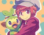  1girl :d closed_mouth eyebrows_visible_through_hair gen_8_pokemon grey_headwear grookey hat highres holding holding_pokemon hood hood_down hoodie long_sleeves looking_at_viewer open_mouth original outline pokemon pokemon_(creature) pokemon_(game) pokemon_swsh red_eyes red_hoodie redhead smile solo tasaka_shinnosuke white_outline 