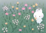  ayu_(mog) blush flower grass no_humans original parted_lips pink_flower rabbit signature white_flower yellow_flower 