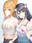  2girls :d ahoge alternate_costume animal_ear_fluff animal_ears belt black_hair black_pants blonde_hair blue_background blue_eyes blue_skirt blush bracelet breasts casual cat_ears chinese_commentary closed_mouth collarbone commentary cowboy_shot drink eyebrows_visible_through_hair fang gemini_(pixiv12200794) gradient gradient_background green_eyes hair_between_eyes highres holding holding_drink jewelry karyl_(princess_connect!) long_hair looking_at_viewer medium_breasts midriff multicolored_hair multiple_girls navel off-shoulder_shirt off_shoulder open_mouth pants pecorine plaid plaid_shirt ponytail princess_connect! princess_connect!_re:dive shirt silver_hair simple_background skirt sleeveless smile streaked_hair tank_top two-tone_hair white_shirt white_tank_top 