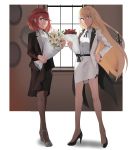  2girls 4xpr7jyukt5vnix absurdres alternate_costume bare_legs blonde_hair bouquet contemporary flower formal full_body hand_on_hip high_heels highres mythra_(xenoblade) pyra_(xenoblade) indoors long_hair looking_at_viewer multiple_girls pantyhose pencil_skirt red_eyes redhead short_hair skirt smile standing very_long_hair window xenoblade_(series) xenoblade_2 yellow_eyes 
