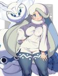  1girl blush breasts earrings frosmoth gen_8_pokemon gym_leader highres iroyopon jewelry long_hair medium_breasts melon_(pokemon) pokemon_(creature) thick_thighs thighs 