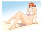  1girl bikini blue_eyes blush boudica_(fate/grand_order) bracelet breasts dyun fate/grand_order fate_(series) full_body highres huge_breasts jewelry o-ring o-ring_bikini open_mouth ponytail redhead signature simple_background sitting solo sweat swimsuit white_bikini 