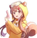  1girl animal_ears blush brown_eyes brown_hair commentary commission ears_through_headwear goggles goggles_on_headwear gun hair_ornament hairclip hands_up holding holding_gun holding_weapon hood hood_up hoodie kimi_(jxrm5387) long_hair looking_at_viewer low_twintails multicolored_hair open_mouth original simple_background solo squirrel_ears squirrel_girl squirrel_tail streaked_hair tail twintails two-handed upper_body very_long_hair weapon white_background white_hair x_hair_ornament yellow_hoodie 