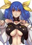  1girl asymmetrical_wings bangs belt black_legwear black_panties blue_hair blush boots breasts choker collarbone detached_sleeves dizzy_(guilty_gear) eyebrows_visible_through_hair guilty_gear guilty_gear_x guilty_gear_xx hair_between_eyes hair_ribbon hair_rings hand_on_own_chest large_breasts long_hair long_sleeves midriff navel open_mouth panties puffy_long_sleeves puffy_sleeves red_eyes ribbon simple_background solo stomach twintails under_boob underwear upper_body white_background wings yasunososaku yellow_ribbon 