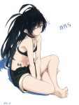  1girl bangs barefoot baronilu between_legs black_bra black_choker black_hair black_ribbon black_rock_shooter black_rock_shooter_(character) black_shorts blue_eyes blue_fire bra breasts character_name choker collarbone copyright_name eyebrows_visible_through_hair fire flaming_eye floating_hair groin hair_between_eyes hair_ribbon hand_between_legs highres jewelry long_hair midriff navel necklace ribbon shadow shiny shiny_hair short_shorts shorts simple_background sitting small_breasts soles solo stomach twintails underwear very_long_hair white_background 