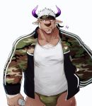  1boy animal_ears bara beard bulge chest chest_hair cow_boy cow_ears cow_horns facial_hair furry horns male_focus male_underwear manly muscle p2yong purple_horns shennong_(tokyo_afterschool_summoners) solo tank_top thighs tokyo_houkago_summoners underwear upper_body violet_eyes white_hair 