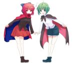  2girls antennae aoi_(annbi) black_footwear black_shirt blue_bow blue_shorts bow cape commentary_request full_body green_eyes green_hair hair_bow high_collar holding holding_cape leaning_forward long_sleeves looking_at_viewer multiple_girls open_mouth red_eyes red_skirt redhead sekibanki shirt shoes shorts simple_background skirt smile touhou white_background white_shirt wriggle_nightbug 
