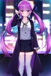 1girl absurdres ahoge bangs black_shorts blue_hair blunt_bangs blurry blurry_background city city_lights closed_mouth coat collarbone colored_inner_hair cqingwei eyebrows_visible_through_hair hair_ribbon hand_in_hair highres hololive looking_at_viewer minato_aqua multicolored_hair overcoat purple_hair ribbon shirt shorts smile solo standing twintails two-tone_hair violet_eyes virtual_youtuber white_shirt 